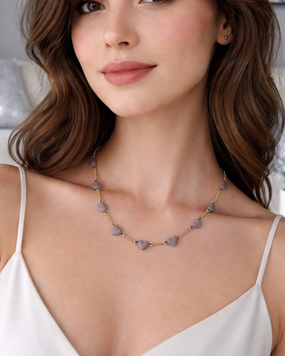 Pomina Gold Clay Gray Purple Heart Necklace New